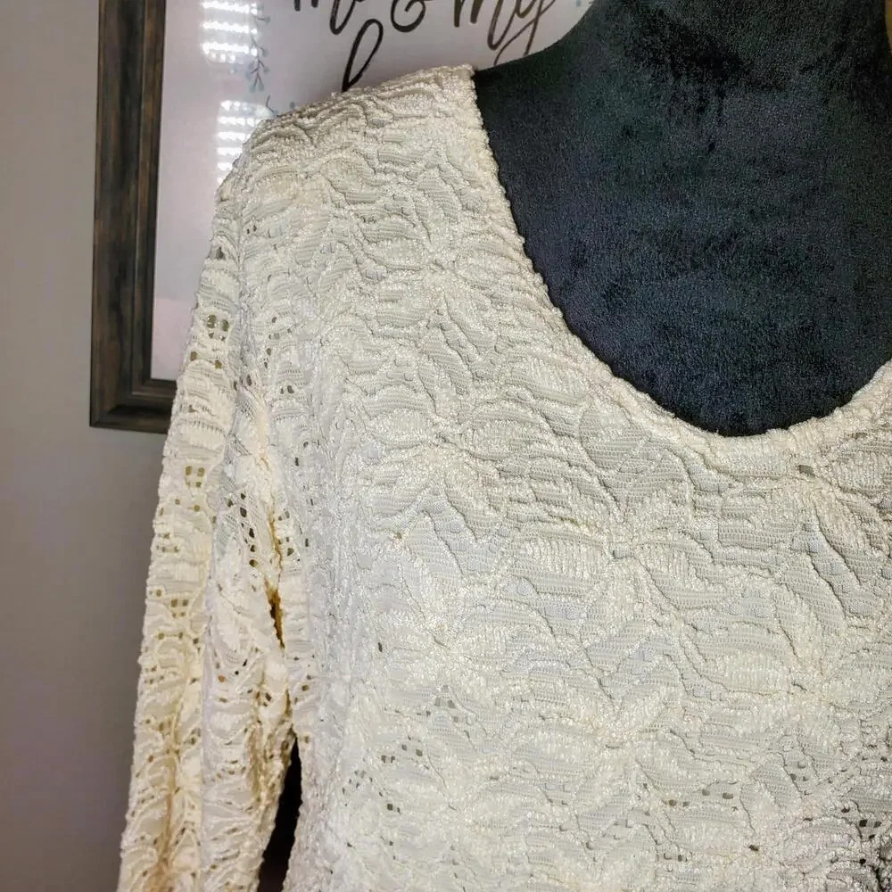 Brittany Black Vtg 90s/Y2K Stretchy Lacey Long Sleeve Lined Top Ivory S/M - Picture 11 of 12